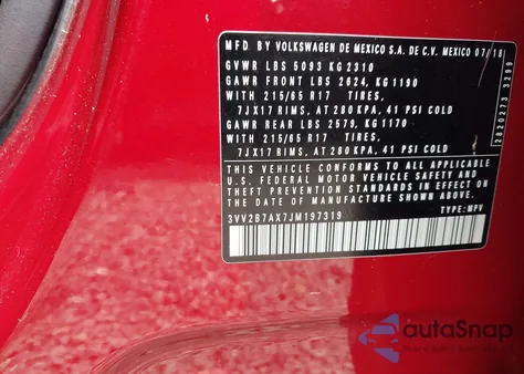 2018 Volkswagen Tiguan 2.0T Se/2.0T Sel z USA, uszkodzony, nr VIN 3VV2B7AX7JM197319